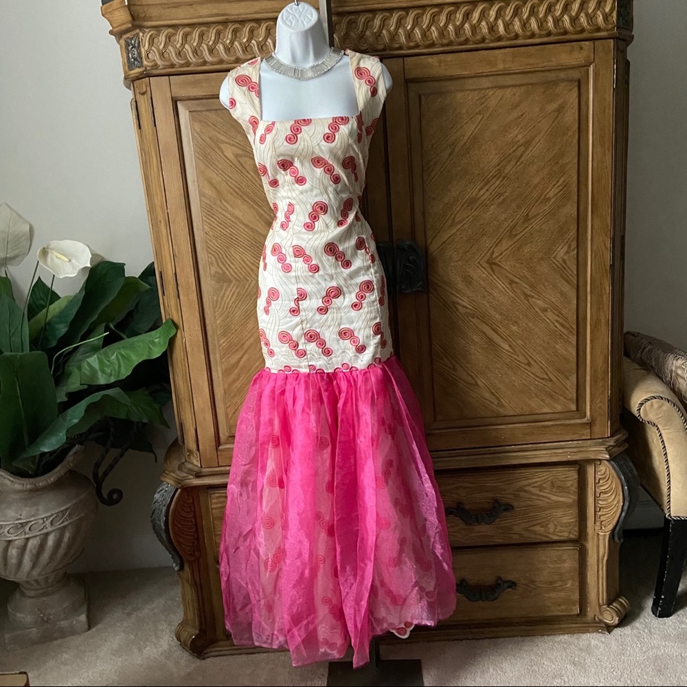 Cream pink sheer fish tale puffy Gown